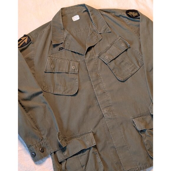 US Military Green Rip Stop Poplin Slant Pocket OG 107 Jacket Vintage 60s Med Reg - Picture 1 of 8